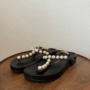 Stuart Weitzman Black Leather Goldie Pearl Demi Wedge Sandals Women's Size 6.5